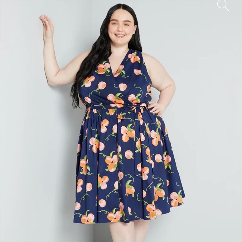 NWT ModCloth Instant Energy Faux-Wrap Dress Sweet Peaches Navy Blue 4 Small NEW